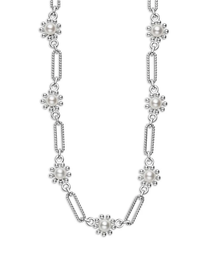 Sterling Silver Luna Cultured Pearl Fleur Link Necklace, 18"