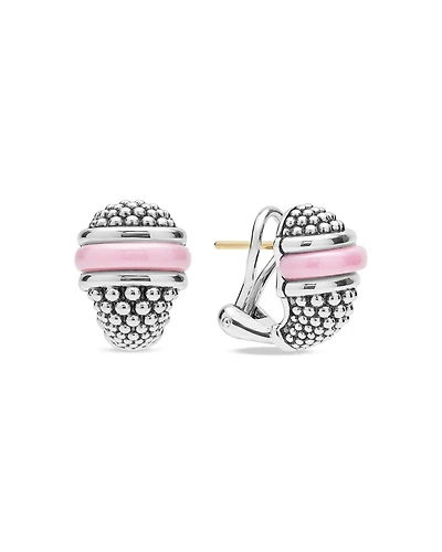 Sterling Silver Ceramic Pink Caviar Omega Clip Earrings