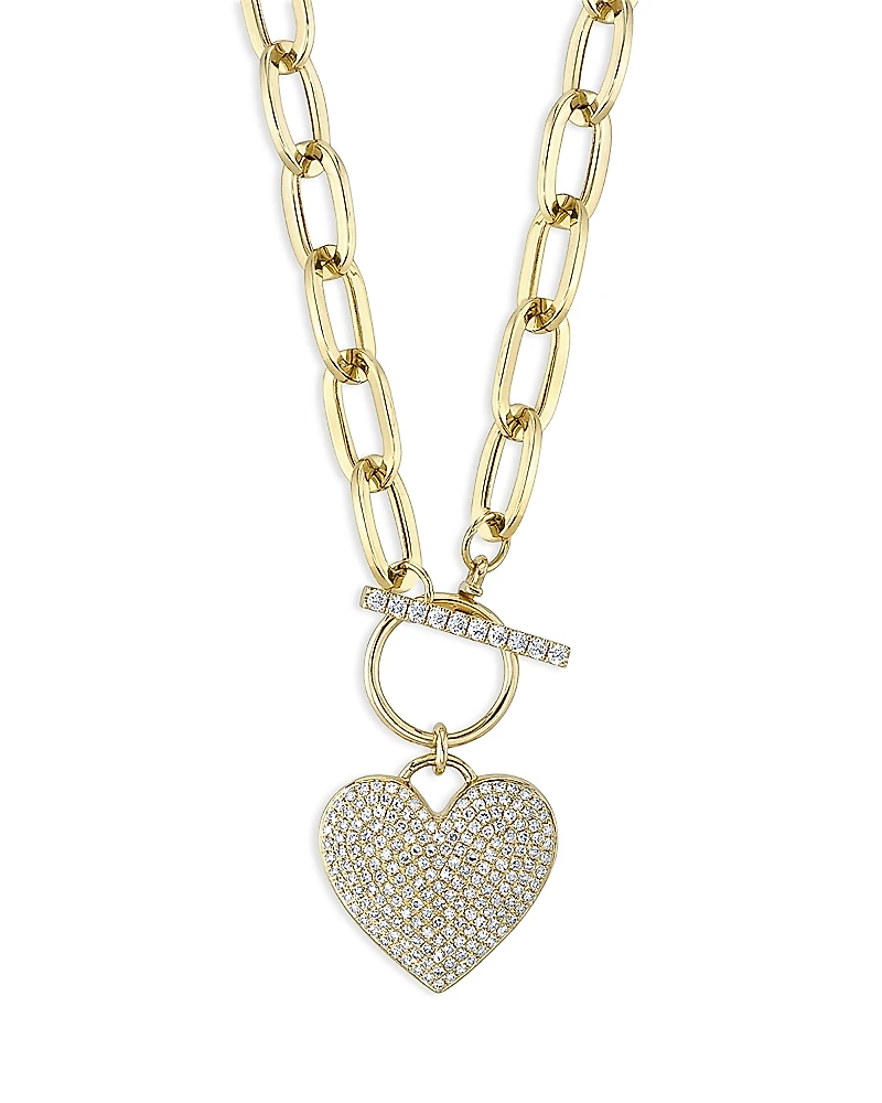 Shy Creation 14K Yellow Gold Kate Diamond Paperclip Link Pave Heart Necklace, 18