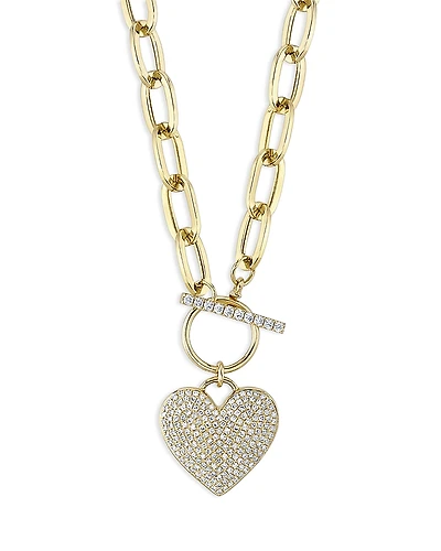 Shy Creation 14K Yellow Gold Kate Diamond Paperclip Link Pave Heart Necklace, 18