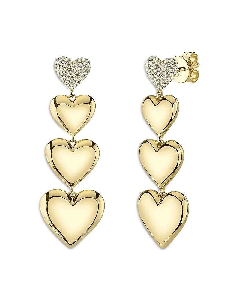 Shy Creation 14K Yellow Gold Kate Diamond Pave & Polished Graduated Heart Drop Earrings