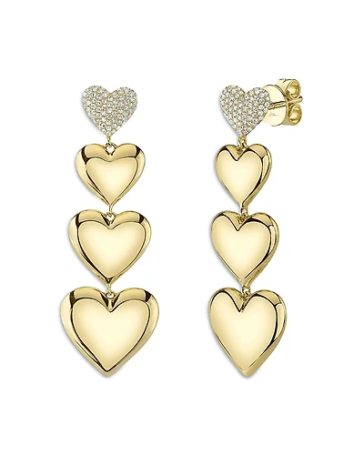 Shy Creation 14K Yellow Gold Kate Diamond Pave & Polished Graduated Heart Drop Earrings
