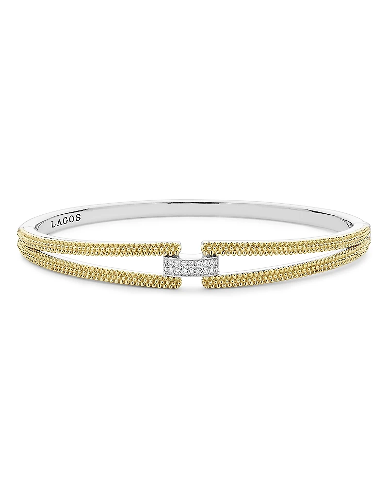 Lagos 18K Yellow Gold & Sterling Silver Caviar Lux Clip Diamond Pave Bangle Bracelet