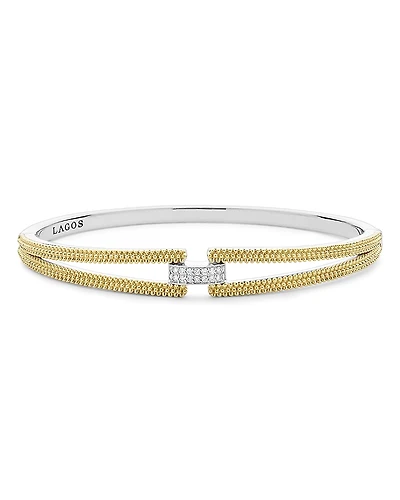 Lagos 18K Yellow Gold & Sterling Silver Caviar Lux Clip Diamond Pave Bangle Bracelet