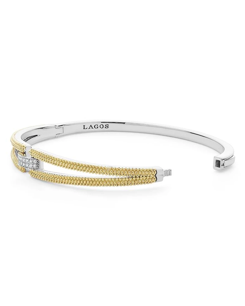 18K Yellow Gold & Sterling Silver Caviar Lux Clip Diamond Pavé Bangle Bracelet