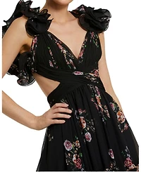 Ruffle Tiered Cut-Out Floral Print Chiffon Dress