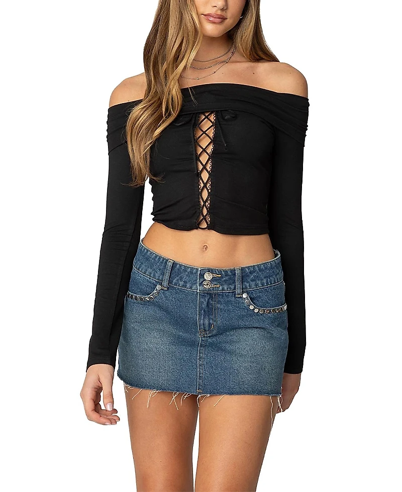 Edikted Lace Up Fold Over Top