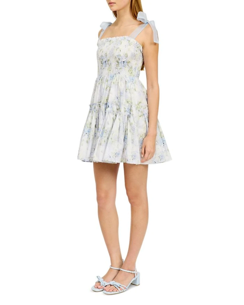 Smocked Contrast Organza Tie Mini Dress