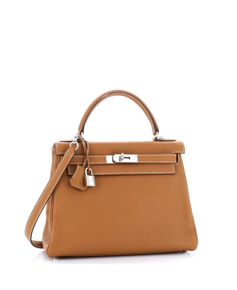 Kelly 28 Handbag Brown Clemence with Palladium Hardware