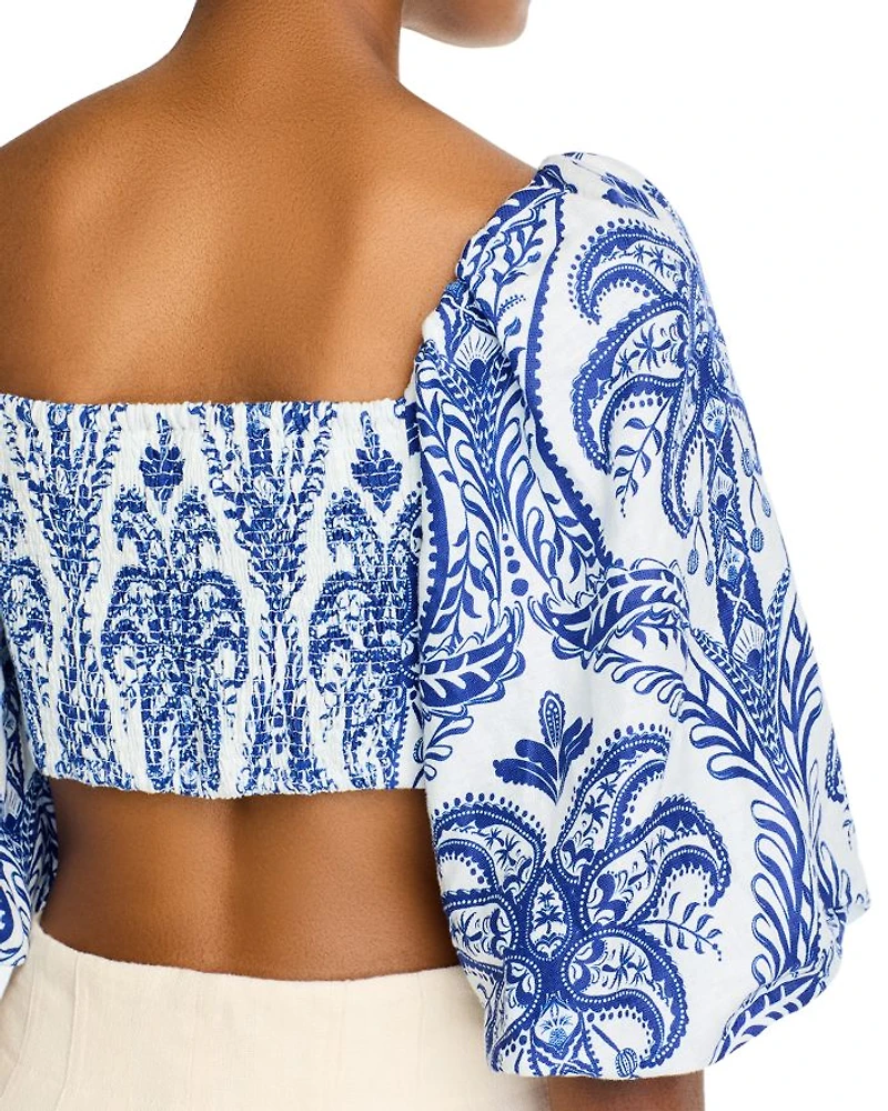 Linen Balloon Sleeve Cropped Top