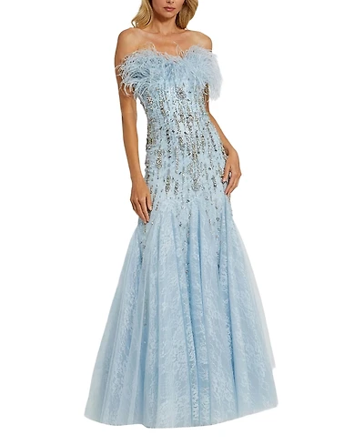 Mac Duggal Strapless Feather Embellished Mermaid Gown
