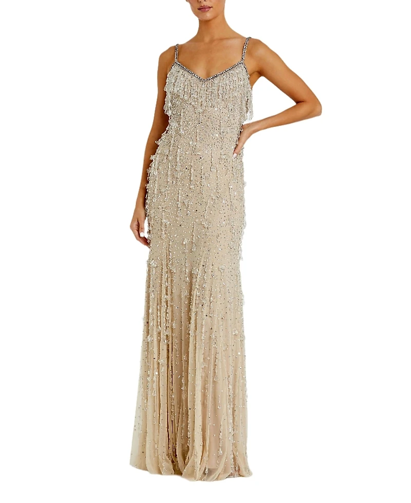 Mac Duggal Thin Strap Net Embellished V Neck Gown