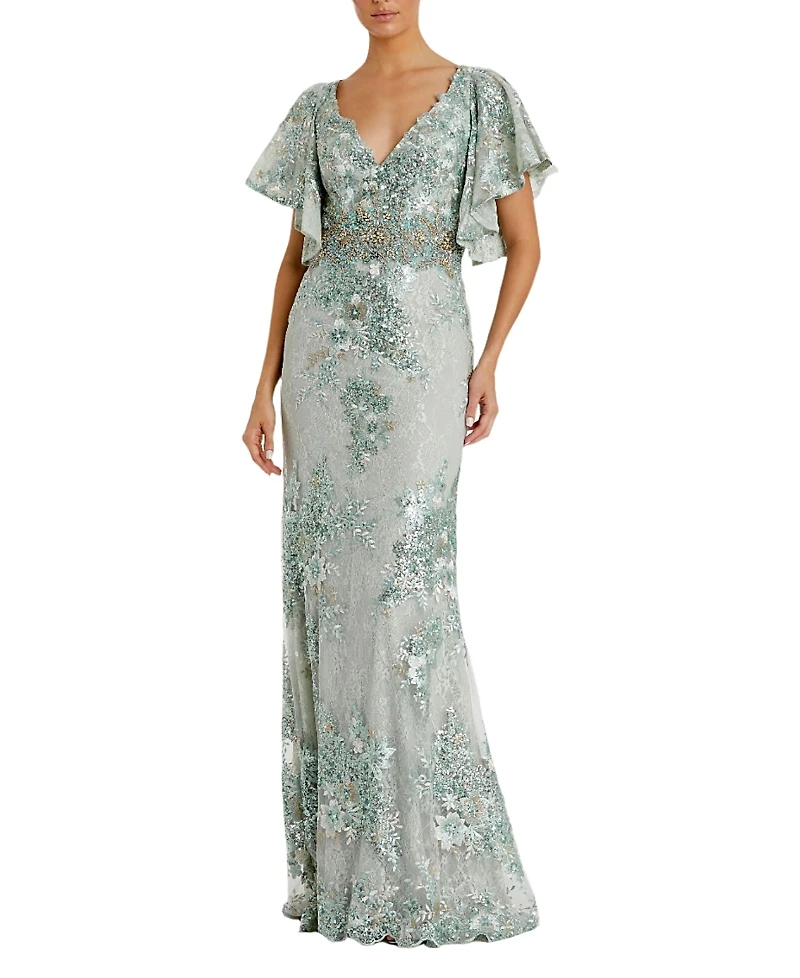 Mac Duggal Bell Sleeve Floral Embellished Gown