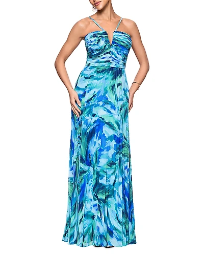 Aqua Pleated Chiffon Printed Dress -Exclusive