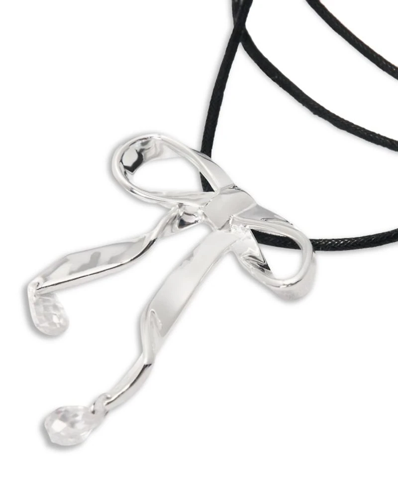 Polished Silver Bow & Crystal Long Cord Pendant Necklace, 44.1"