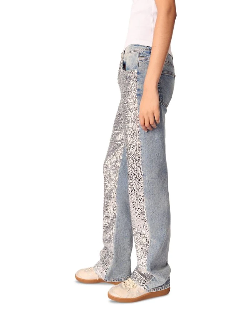 Sequined High Rise Straight Jeans Blue Sky