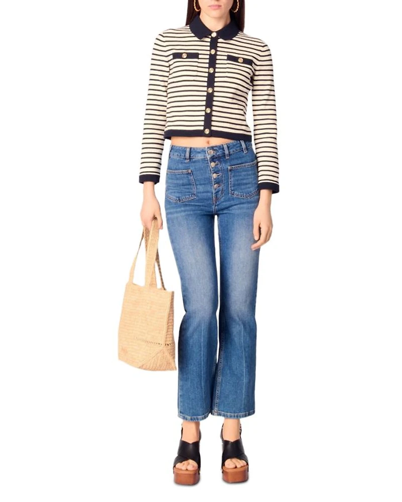Cropped Rib Knit Shirt Collar Cardigan