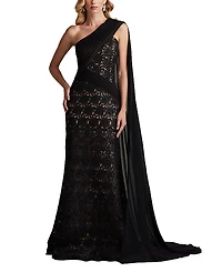 Tadashi Shoji Eamon Draped Sleeve Sequin Embroidered Gown