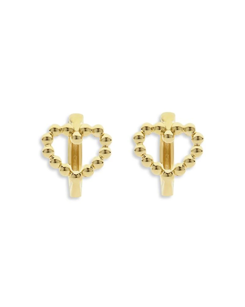 18K Yellow Gold Caviar Gold Beaded Heart Huggie Hoop Earrings