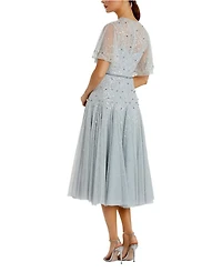Cape Sleeve Beaded Tea Length A-line Dress