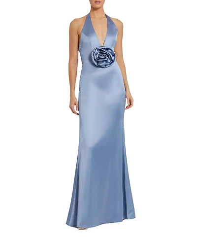 Mac Duggal Fitted Satin Sleeveless Halter Gown with 3D Flower
