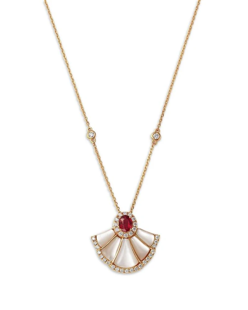 Ruby, Mother of Pearl & Diamond Pendant Necklace in 14K Yellow Gold, 18"