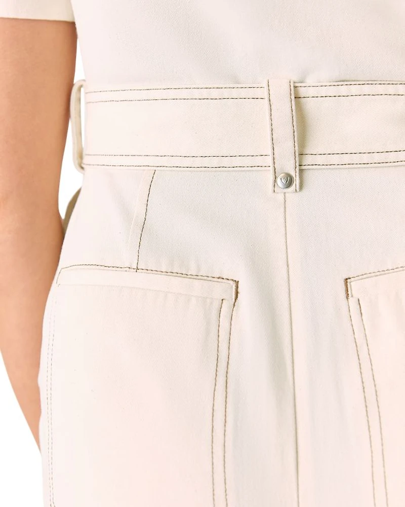 Denim Pintucked Belted Jumpsuit