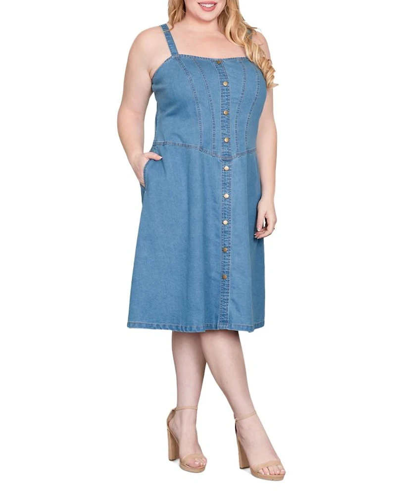 Wide Straps Button Front Denim Dress