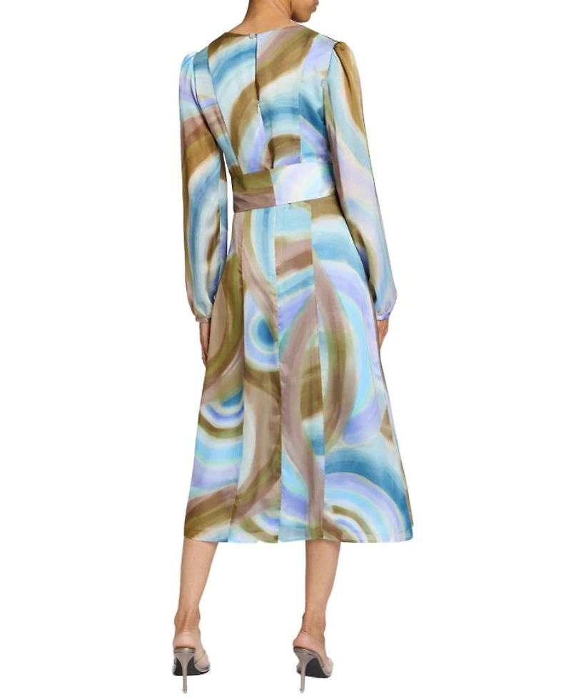DORIA Long Sleeve Midi Dress with Waist Tie Abstract Swirl Print