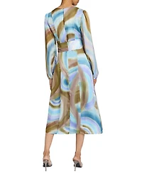 DORIA Long Sleeve Midi Dress with Waist Tie Abstract Swirl Print