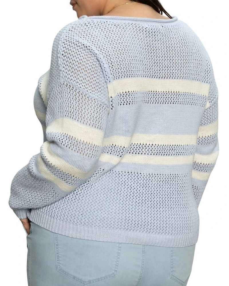 Plus Sporty Stripe Open Knit Sweater