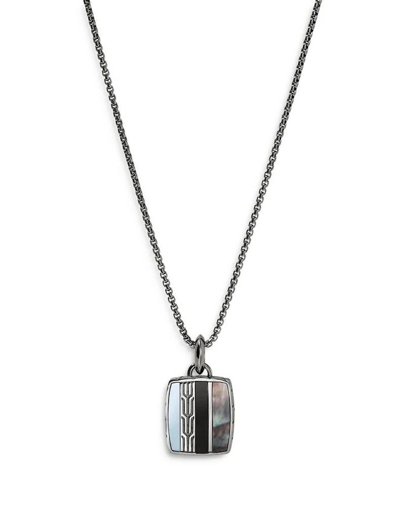 terling Silver Black Onyx, Hematite & Black Mother of Pearl Carved Chain Pendant Necklace, 22"