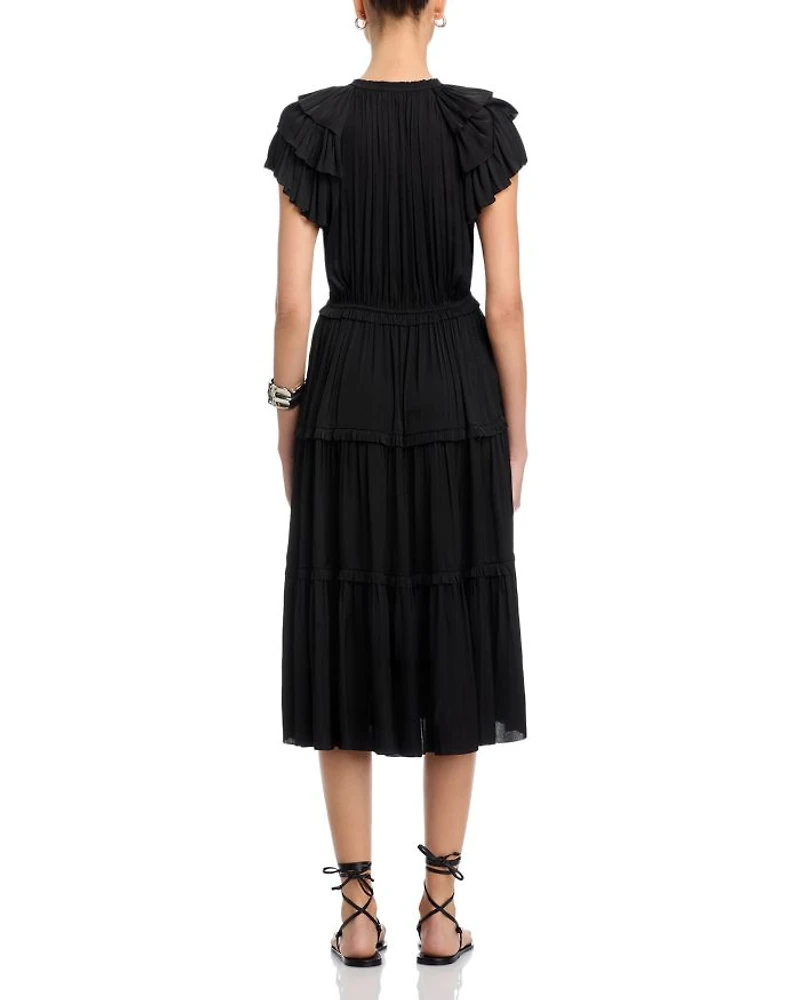 Flutter Sleeve Split Neck Flare Airflow Dress