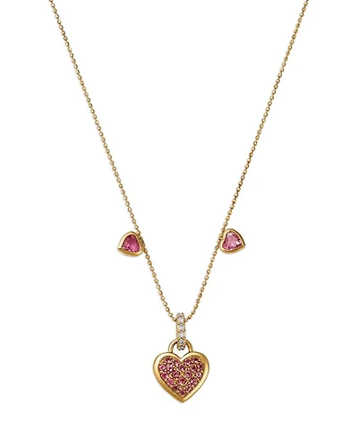 14K Yellow Gold Diamond & Pink Tourmaline Heart Pendant Necklace, 18"