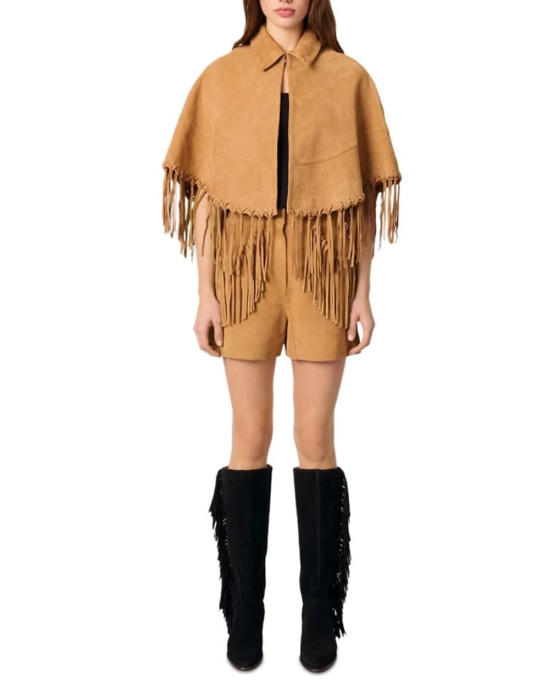 Fringe Trim Leather Coat