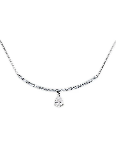 Aqua Pear Shape Cubic Zirconia & Pave Curved Bar Pendant Necklace
