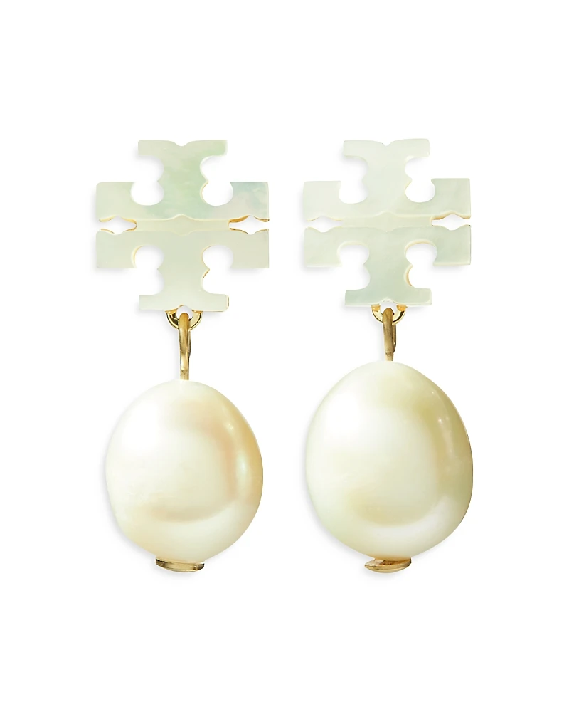 Tory Burch Kira Mother Of Pearl Double T & Cultured Freshwater Pearl Earrings