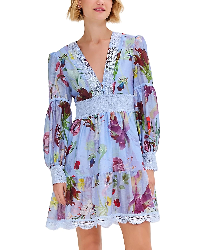 PatBO Lily Flower Long Sleeved Plunge Mini Dress