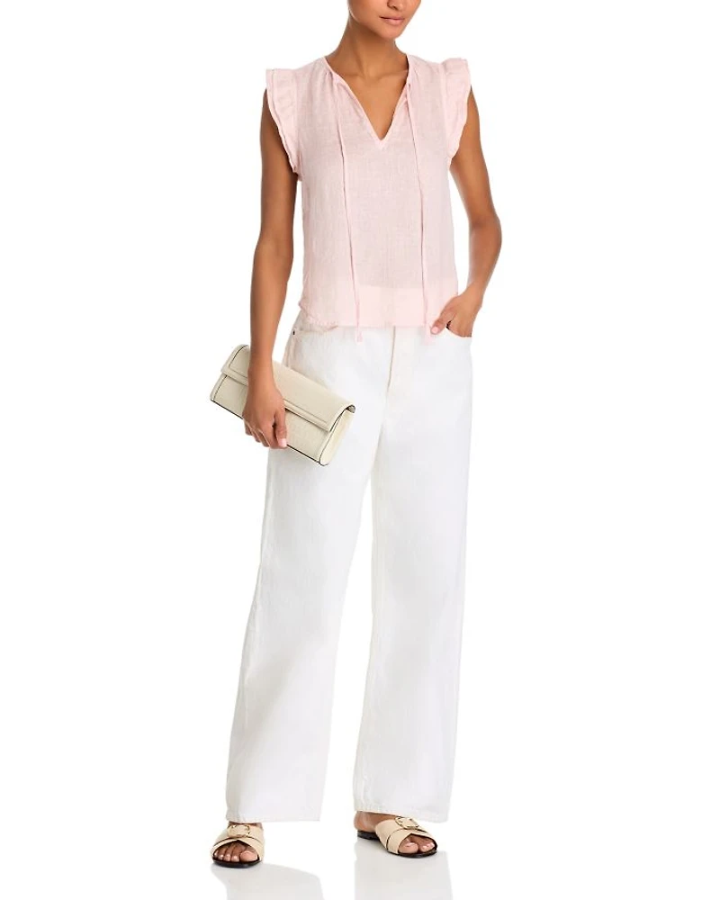 Linen Tie Neck Ruffle Sleeve Top