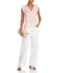 Linen Tie Neck Ruffle Sleeve Top