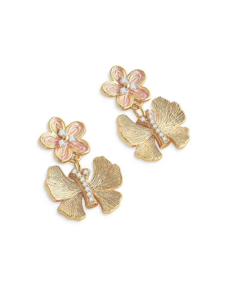 Pavé Butterfly & Flower Drop Earrings in 18K Gold Plated