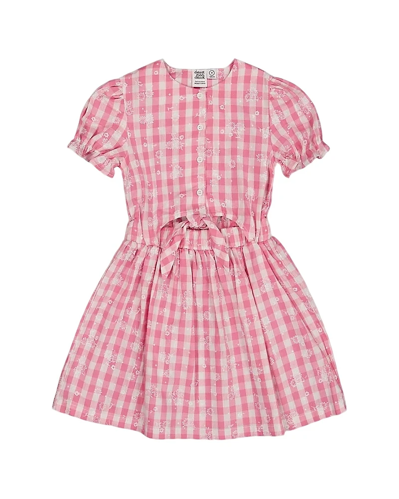 Deux par Deux Girls' Puff Sleeve Dress with Waist Tie - Little Kid