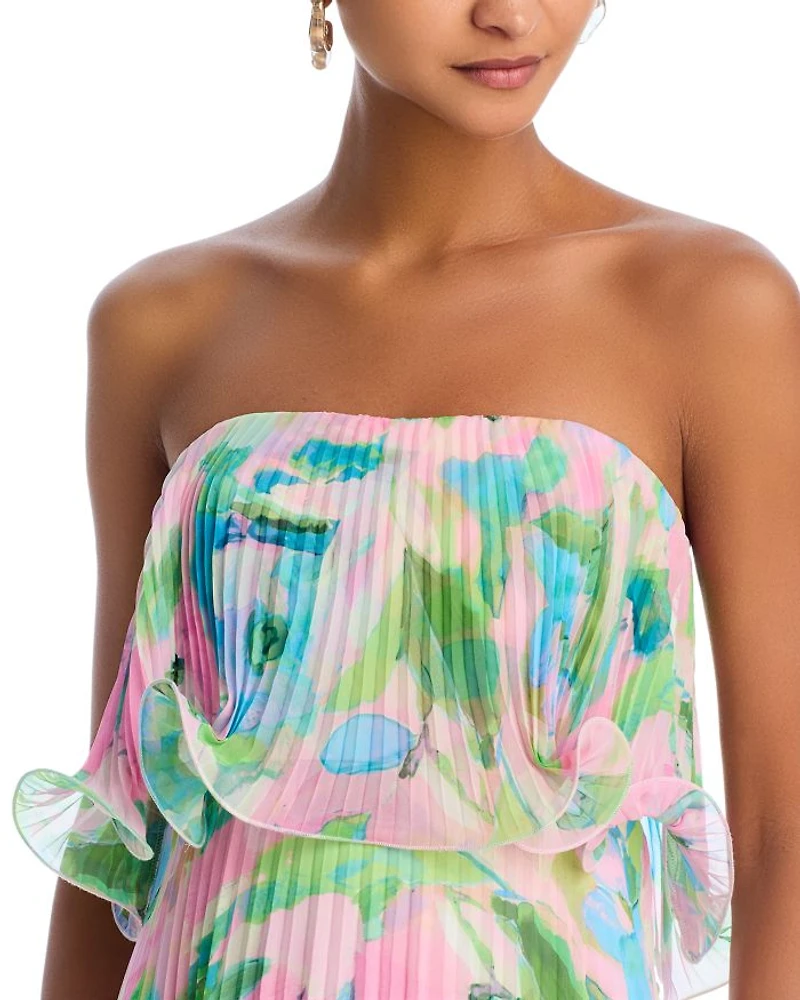 Printed Pleated Strapless Dress - Exclusive