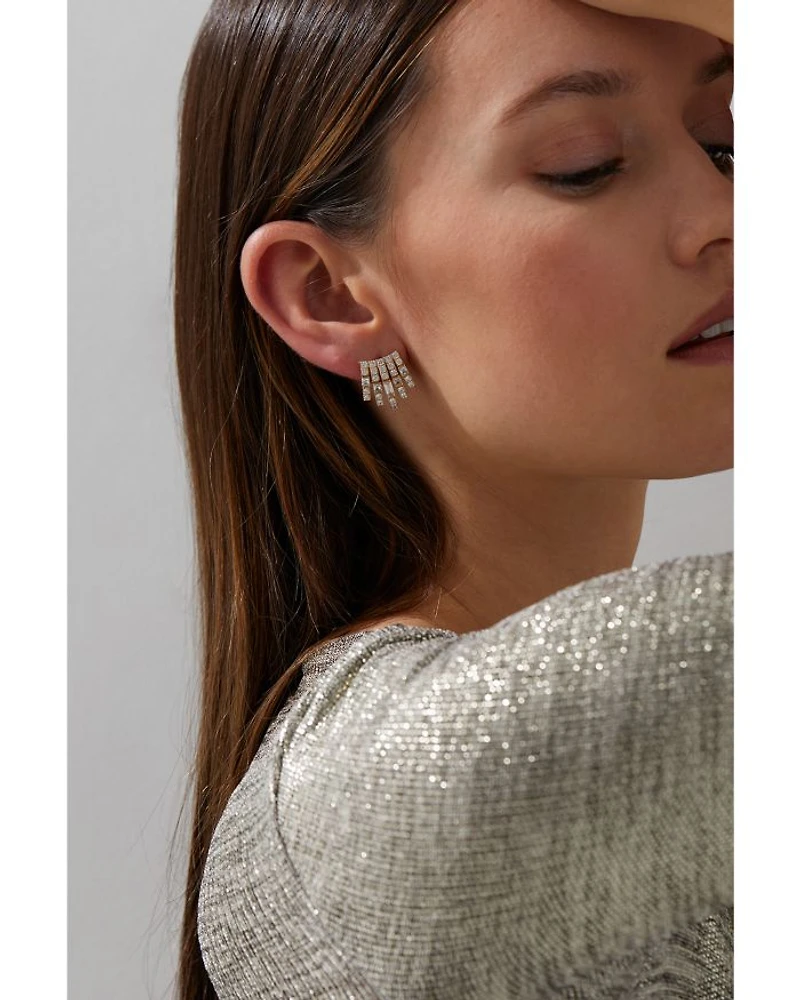 Cubic Zirconia Multi Row Stud Earrings in Rhodium Plated