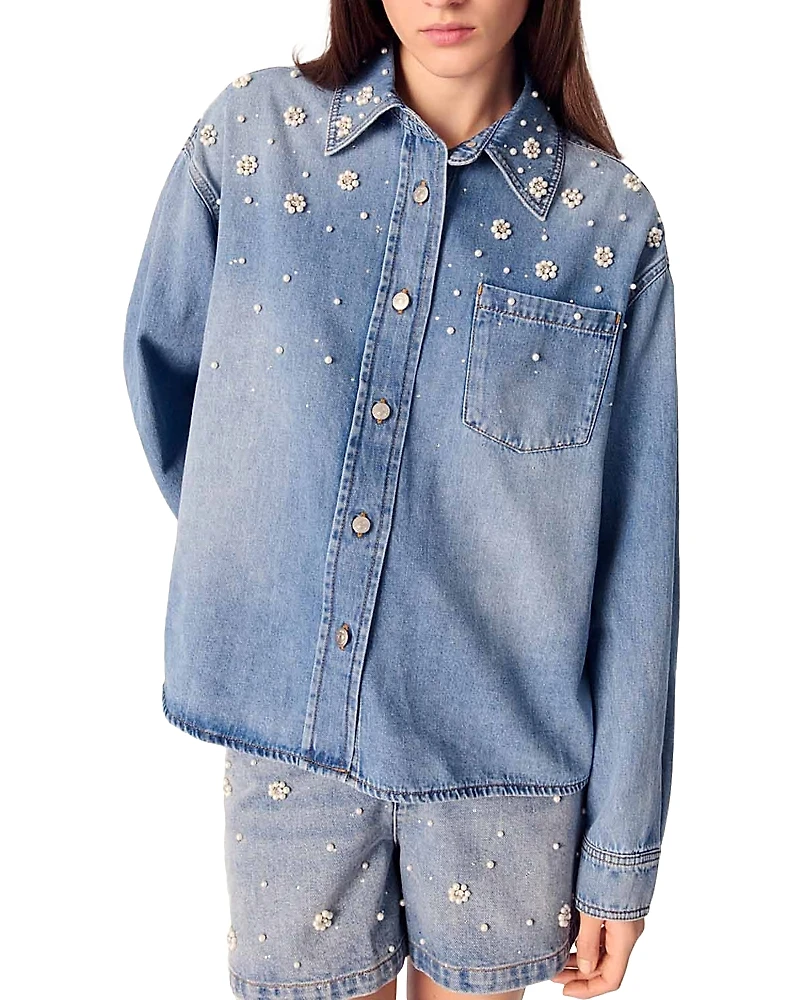 Maje Denim Shirt with Embroidered Beads
