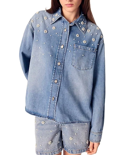 Maje Denim Shirt with Embroidered Beads