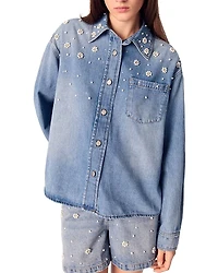 Maje Denim Shirt with Embroidered Beads