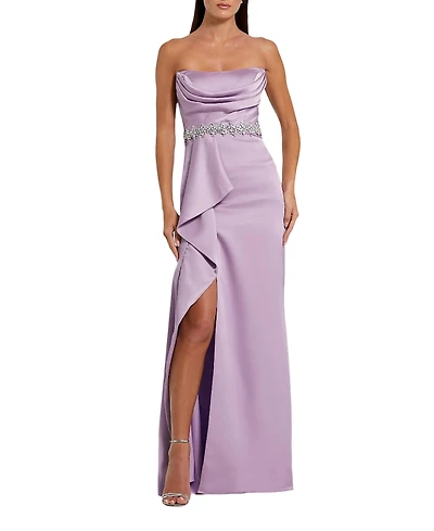 Mac Duggal Strapless Satin Gown with Embellished Belt Detail