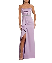 Mac Duggal Strapless Satin Gown with Embellished Belt Detail