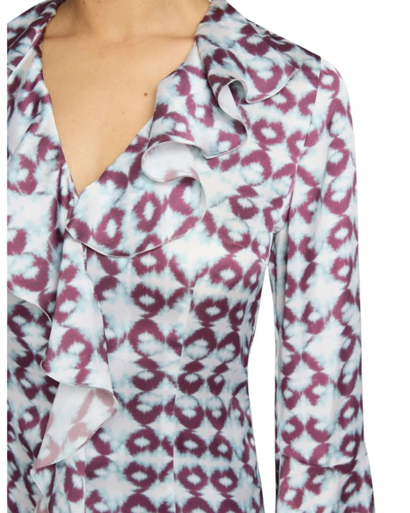 SYDNEY Long Sleeve Button Down Blouse with Ruffles Graphic Printed Charmeuse